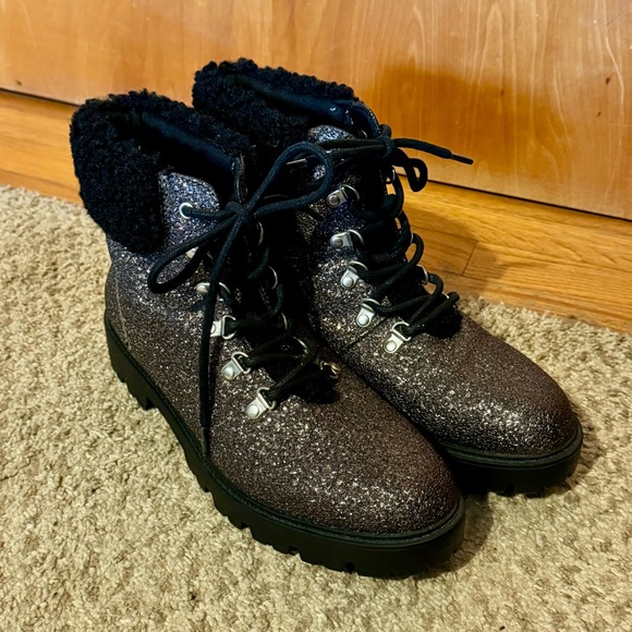 JustFab Jane Glitter Lace-Up Boot Women’s Size 9.5 Faux Fur Black - Picture 3 of 8